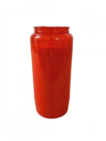 Grabkerze Farbe rot. Höhe: 147 mm. Durchmesser:  67 mm. Wachs-Farbe: weiß. Behälter-Farbe: rot.